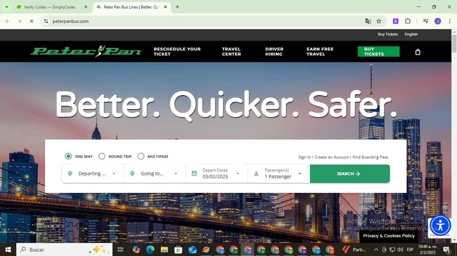 Peter Pan Bus Lines discount code screenshot showing code PUMPKIN20 applied at Peter Pan Bus Lines checkout page. Uploaded by SimplyCodes community member PromoHunter9043 on Mar 2, 2025
