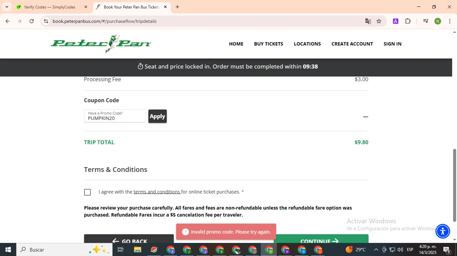 Peter Pan Bus Lines discount code screenshot showing code PUMPKIN20 applied at Peter Pan Bus Lines checkout page. Uploaded by SimplyCodes community member TokenMaverick6956 on Mar 14, 2025