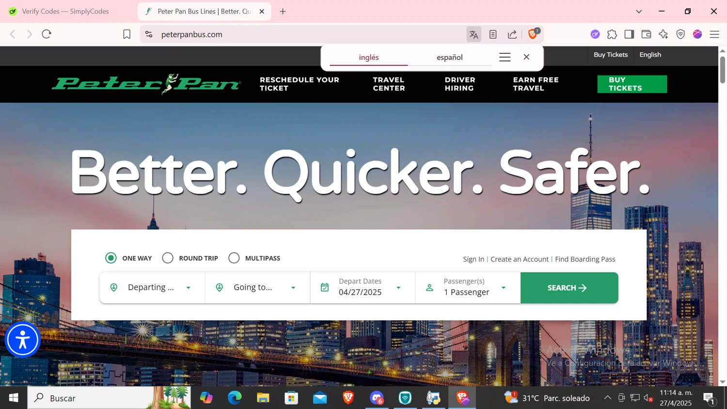 Peter Pan Bus Lines discount code screenshot showing code MEGA20 applied at Peter Pan Bus Lines checkout page. Uploaded by SimplyCodes community member CODMOBILE2 on Apr 27, 2025