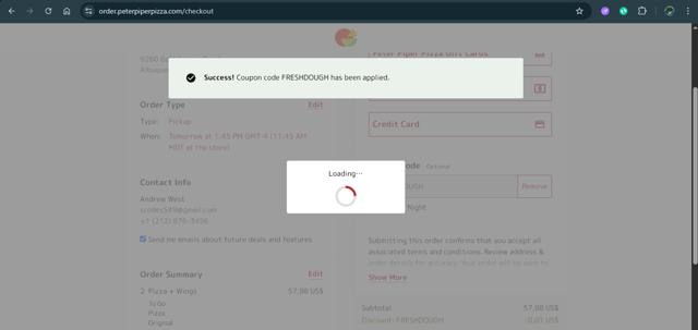 Peter Piper Pizza checkout page showing Peter Piper Pizza promo code box | Screenshot taken by SimplyCodes community member on May 8, 2025