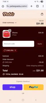 Pete's Pasta coupon verification screenshot