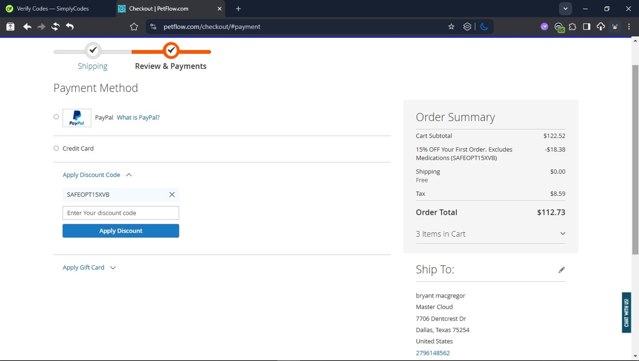 PetFlow checkout page showing PetFlow promo code box | Screenshot taken by SimplyCodes community member on Jul 23, 2025
