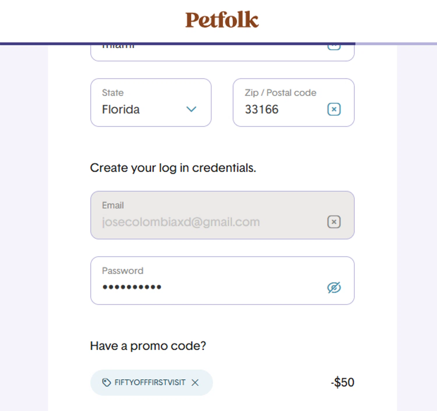 Petfolk promo code screenshot showing code FIFTYOFFFIRSTVISIT applied at Petfolk checkout page. Uploaded by SimplyCodes community member PrimeMaven3104 on Oct 29, 2025