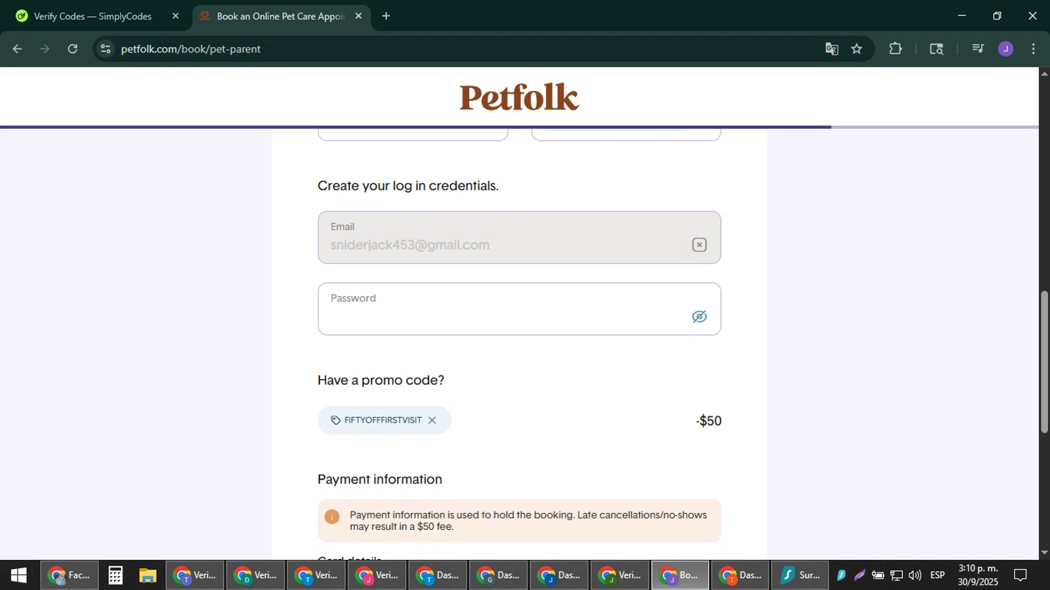 Petfolk promo code screenshot showing code FIFTYOFFFIRSTVISIT applied at Petfolk checkout page. Uploaded by SimplyCodes community member sniderjack453 on Sep 30, 2025