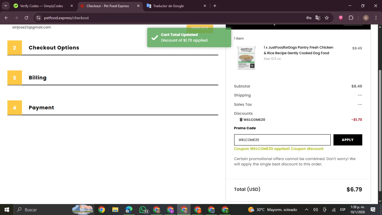 Pet Food Express checkout page showing Pet Food Express promo code box | Screenshot taken by SimplyCodes community member on Jan 10, 2026