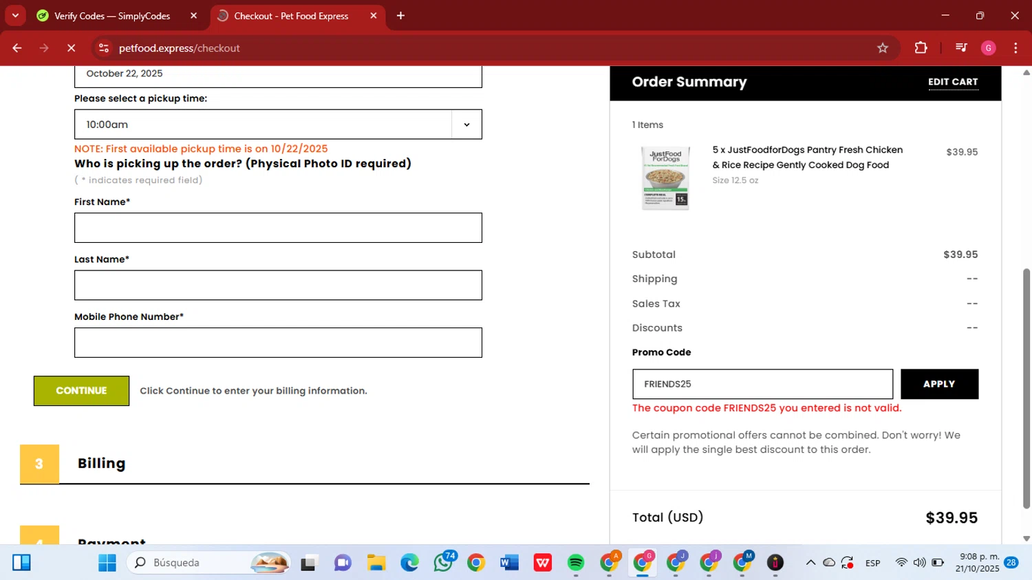 Pet Food Express promo code screenshot showing code FRIENDS25 applied at Pet Food Express checkout page. Uploaded by SimplyCodes community member GGGilbert on Oct 22, 2025
