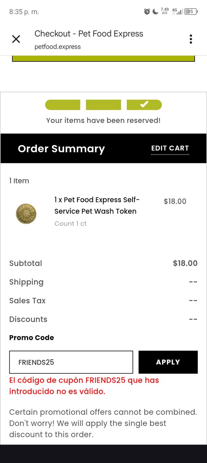Pet Food Express promo code screenshot showing code FRIENDS25 applied at Pet Food Express checkout page. Uploaded by SimplyCodes community member TokioMiller on Oct 22, 2025