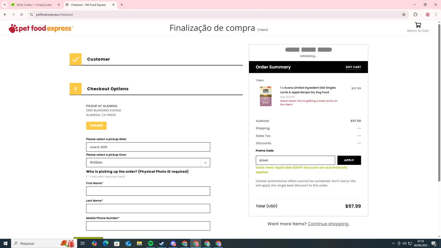 Pet Food Express promo code screenshot showing code B3G4F applied at Pet Food Express checkout page. Uploaded by SimplyCodes community member SavingsAce7790 on Jun 6, 2025