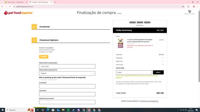 Pet Food Express checkout page showing Pet Food Express promo code box | Screenshot taken by SimplyCodes community member on Jun 6, 2025
