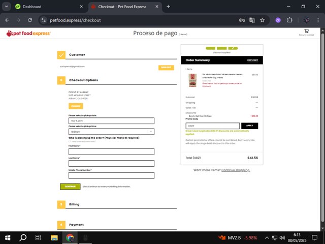 Pet Food Express checkout page showing Pet Food Express promo code box | Screenshot taken by SimplyCodes community member on May 8, 2025