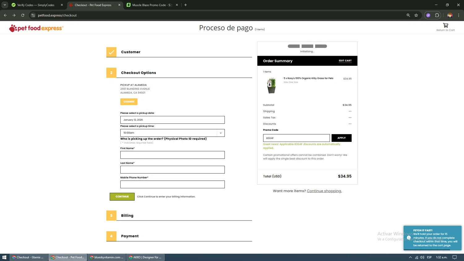 Pet Food Express promo code screenshot showing code B3G4F applied at Pet Food Express checkout page. Uploaded by SimplyCodes community member aaayyyyy on Jan 12, 2026
