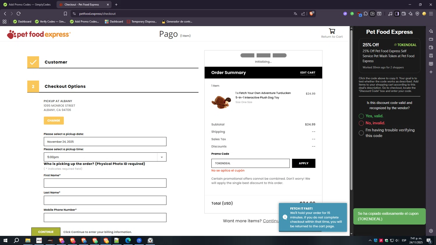 Pet Food Express checkout page showing Pet Food Express promo code box | Screenshot taken by SimplyCodes community member on Nov 24, 2025