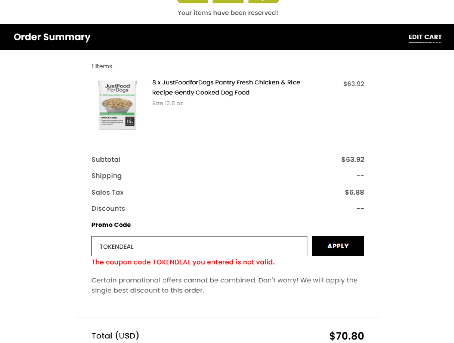 Pet Food Express promo code screenshot showing code TOKENDEAL applied at Pet Food Express checkout page. Uploaded by SimplyCodes community member gallantbotx on Dec 23, 2025