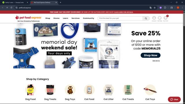 Pet Food Express checkout page showing Pet Food Express promo code box | Screenshot taken by SimplyCodes community member on May 23, 2025