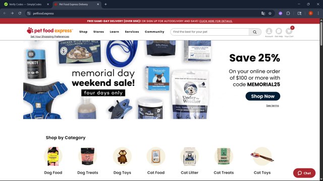 Pet Food Express checkout page showing Pet Food Express promo code box | Screenshot taken by SimplyCodes community member on May 23, 2025