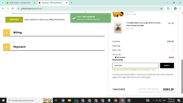 Pet Food Express checkout page showing Pet Food Express promo code box | Screenshot taken by SimplyCodes community member on Jun 17, 2025