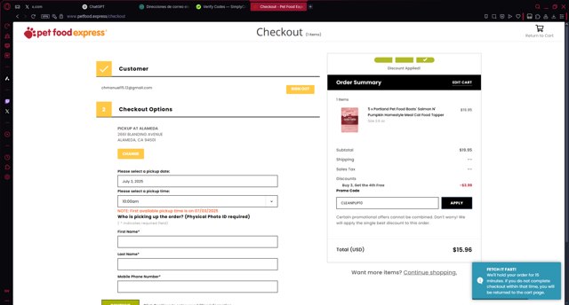 Pet Food Express checkout page showing Pet Food Express promo code box | Screenshot taken by SimplyCodes community member on Jul 3, 2025