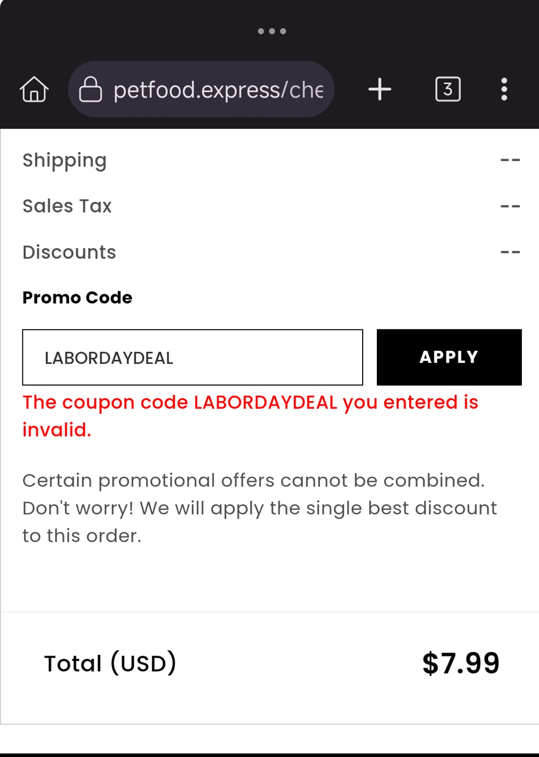 Pet Food Express promo code screenshot showing code LABORDAYDEAL applied at Pet Food Express checkout page. Uploaded by SimplyCodes community member Diego_Soto on Sep 16, 2025