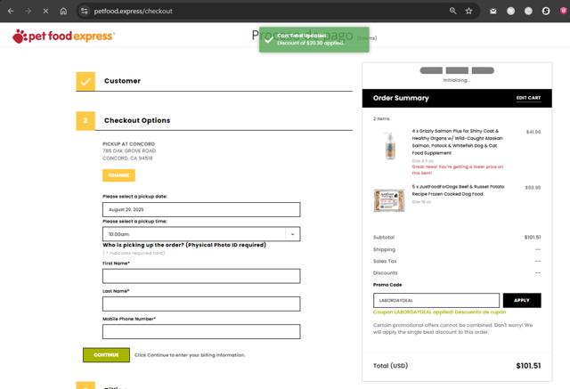 Pet Food Express checkout page showing Pet Food Express promo code box | Screenshot taken by SimplyCodes community member on Aug 29, 2025