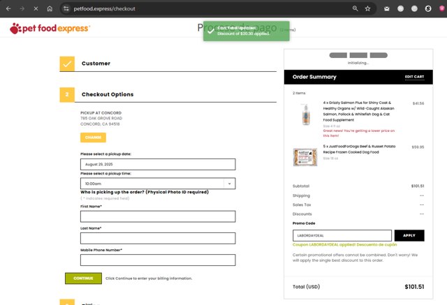 Pet Food Express checkout page showing Pet Food Express promo code box | Screenshot taken by SimplyCodes community member on Aug 29, 2025