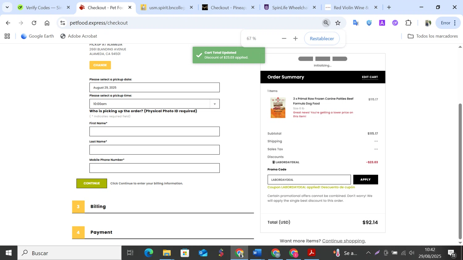 Pet Food Express promo code screenshot showing code LABORDAYDEAL applied at Pet Food Express checkout page. Uploaded by SimplyCodes community member NobleMonarch5837 on Aug 29, 2025
