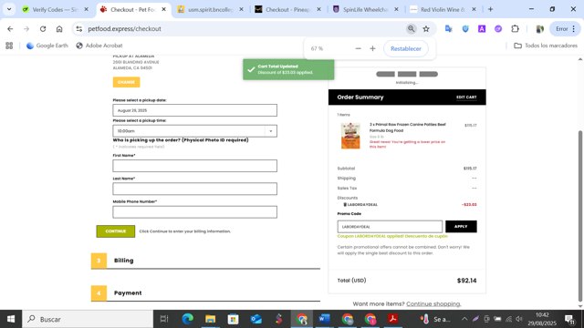 Pet Food Express checkout page showing Pet Food Express promo code box | Screenshot taken by SimplyCodes community member on Aug 29, 2025