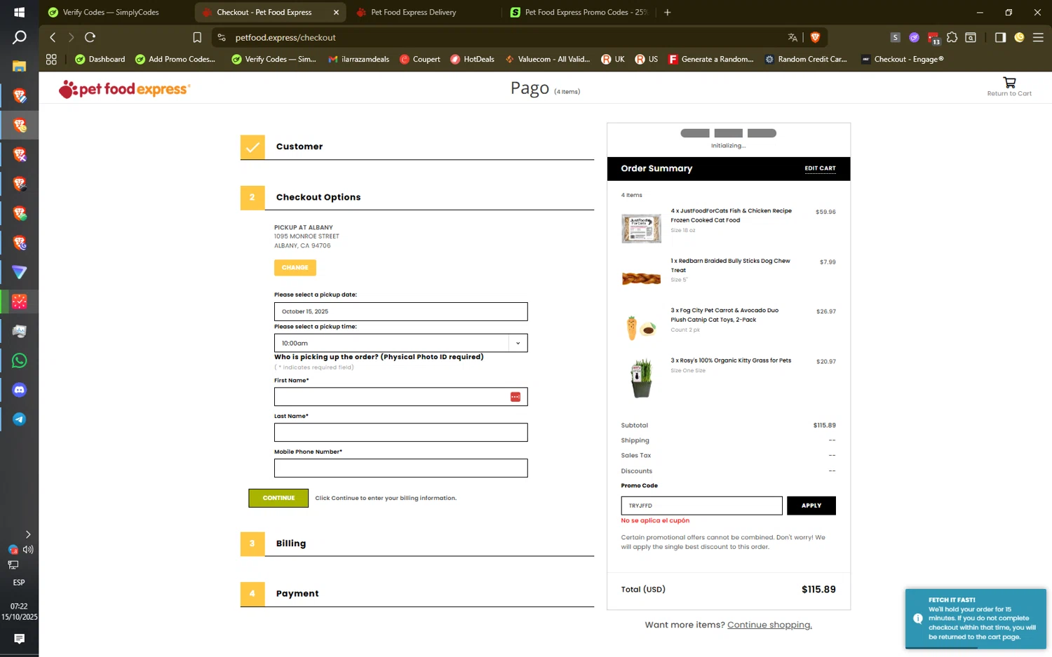 Pet Food Express checkout page showing Pet Food Express promo code box | Screenshot taken by SimplyCodes community member on Oct 15, 2025