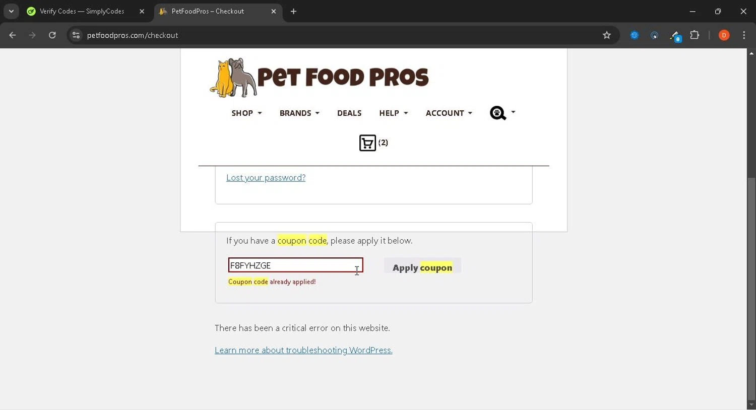 PetFoodPros promo code screenshot showing code F8FYHZGE applied at PetFoodPros checkout page. Uploaded by SimplyCodes community member gundogan on Jan 10, 2025