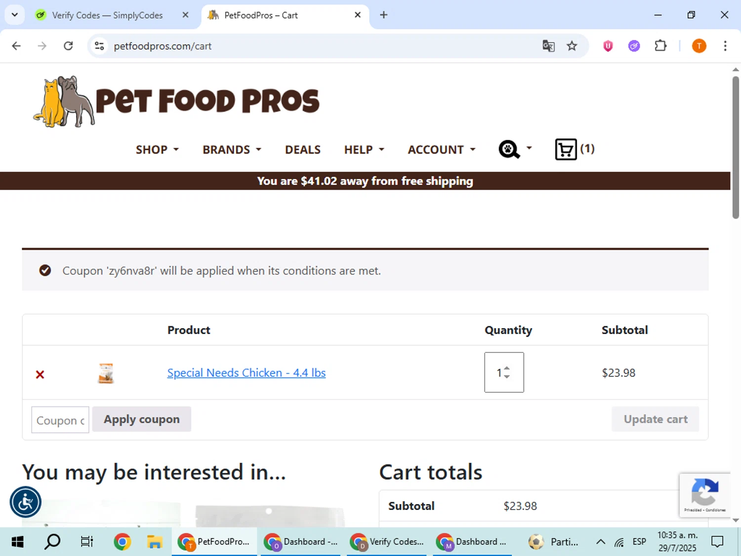 PetFoodPros promo code screenshot showing code ZY6NVA8R applied at PetFoodPros checkout page. Uploaded by SimplyCodes community member EpicHero3141 on Jul 29, 2025