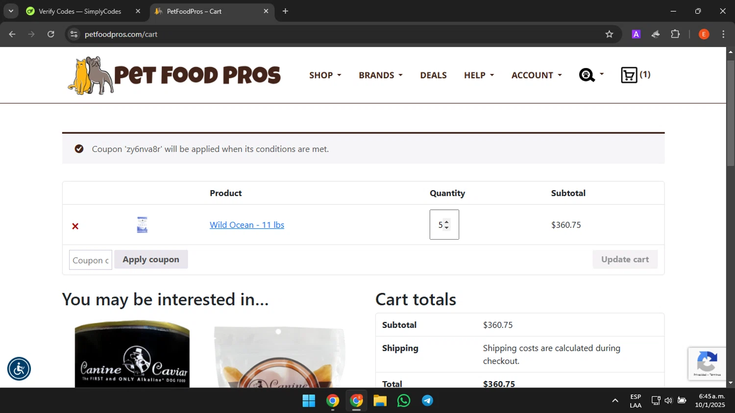 PetFoodPros promo code screenshot showing code ZY6NVA8R applied at PetFoodPros checkout page. Uploaded by SimplyCodes community member CrownHero8789 on Jan 10, 2025