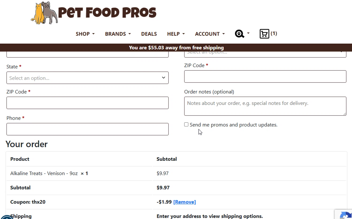 PetFoodPros promo code screenshot showing code thx20 applied at PetFoodPros checkout page. Uploaded by SimplyCodes community member BudgetGuardian5712 on Nov 1, 2025