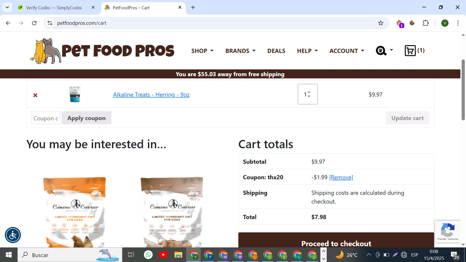 PetFoodPros promo code screenshot showing code thx20 applied at PetFoodPros checkout page. Uploaded by SimplyCodes community member SilverCollector8265 on Apr 15, 2025