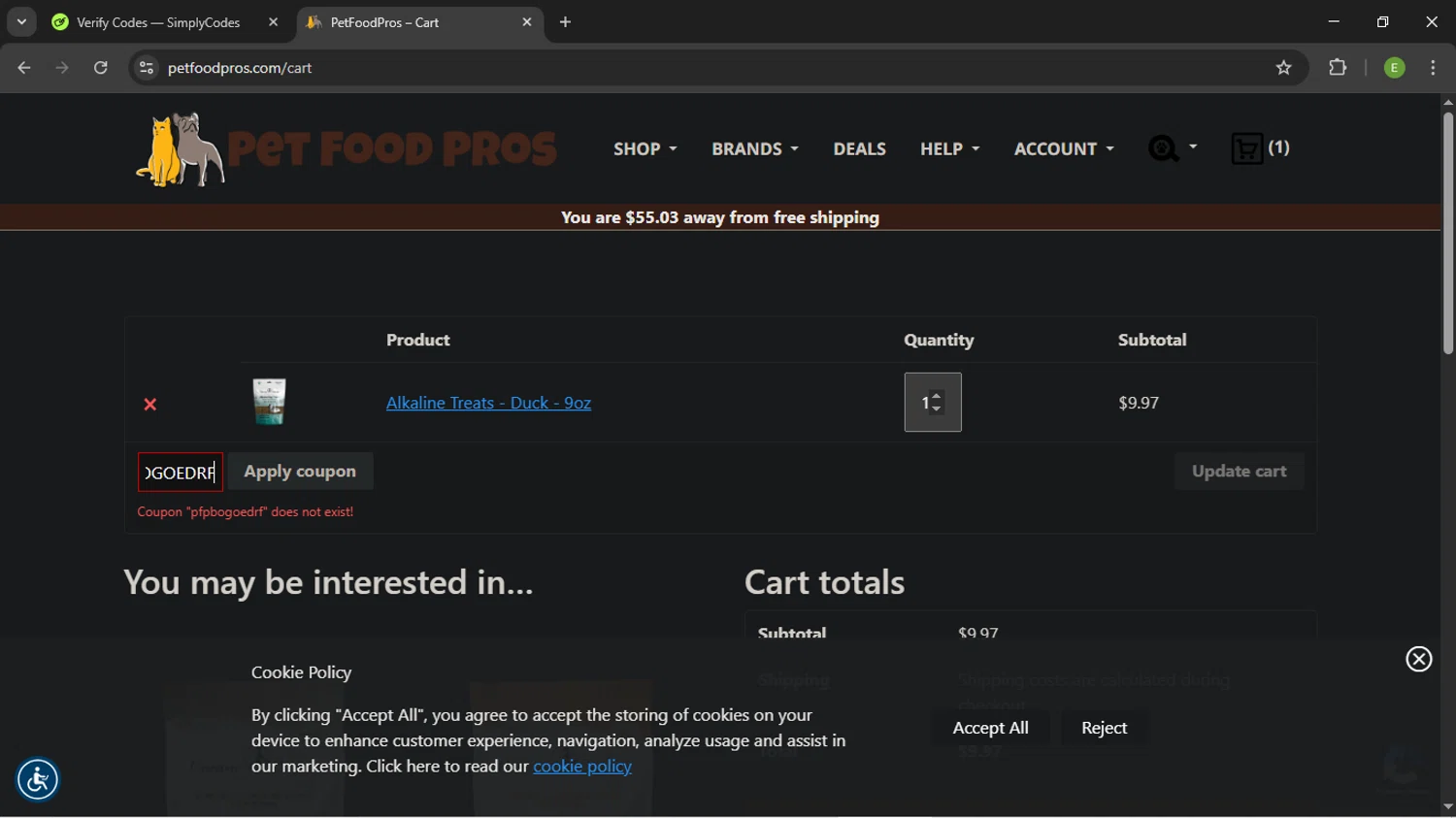 PetFoodPros promo code screenshot showing code PFPBOGO applied at PetFoodPros checkout page. Uploaded by SimplyCodes community member SUZUKIV on Apr 15, 2025