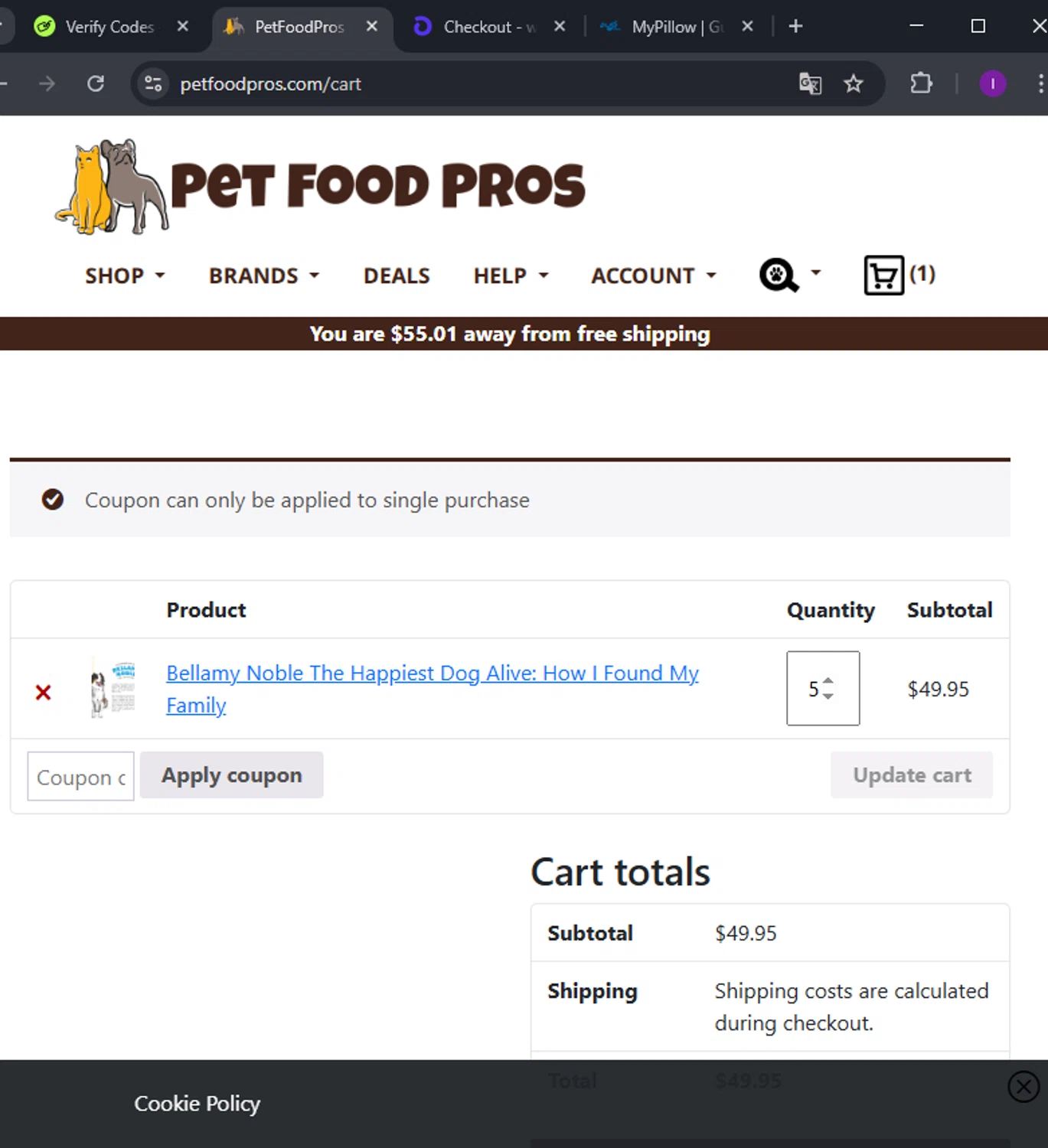 PetFoodPros promo code screenshot showing code PFPBOGO applied at PetFoodPros checkout page. Uploaded by SimplyCodes community member arimakouse on Apr 6, 2025