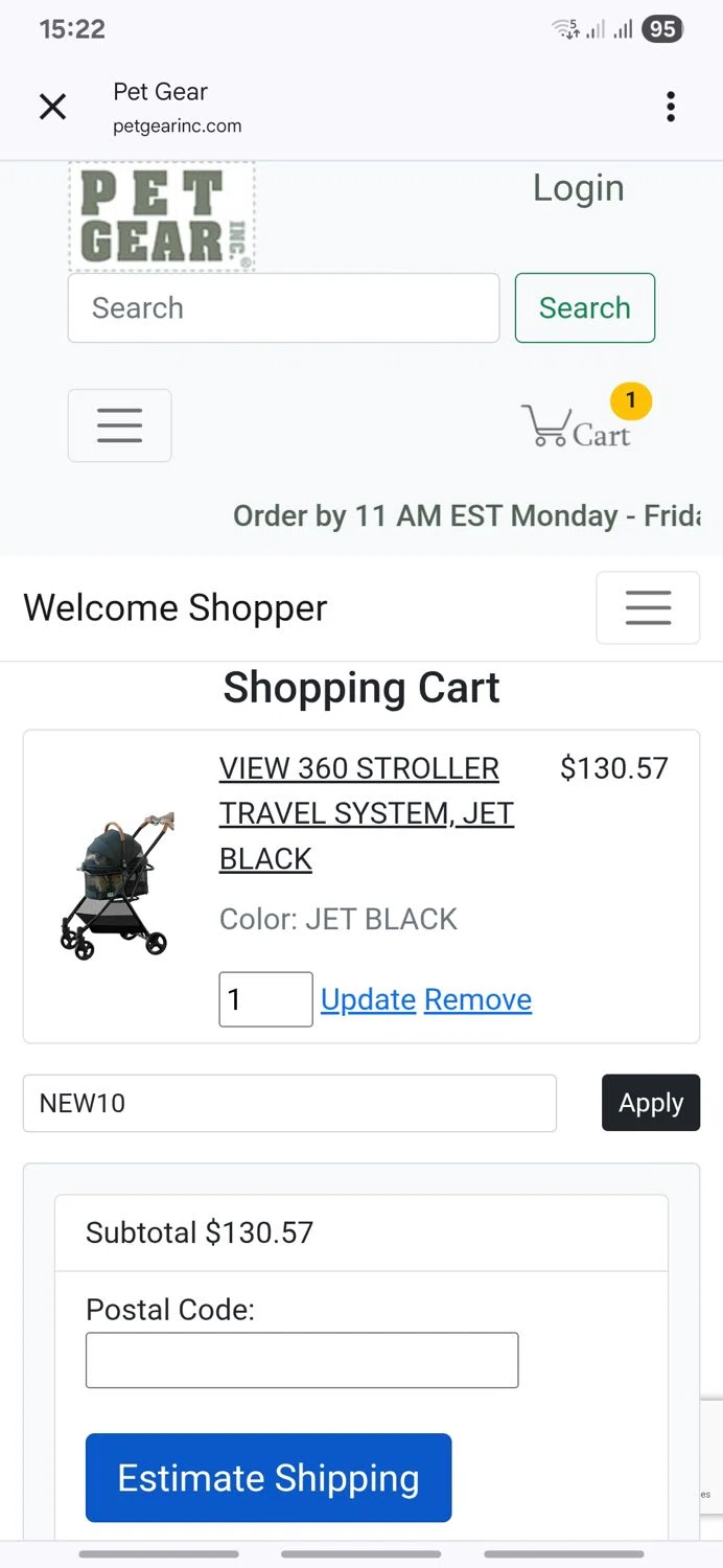Pet Gear coupon code screenshot showing code NEW10 applied at Pet Gear checkout page. Uploaded by SimplyCodes community member LegendaryTitan9160 on Jul 10, 2025