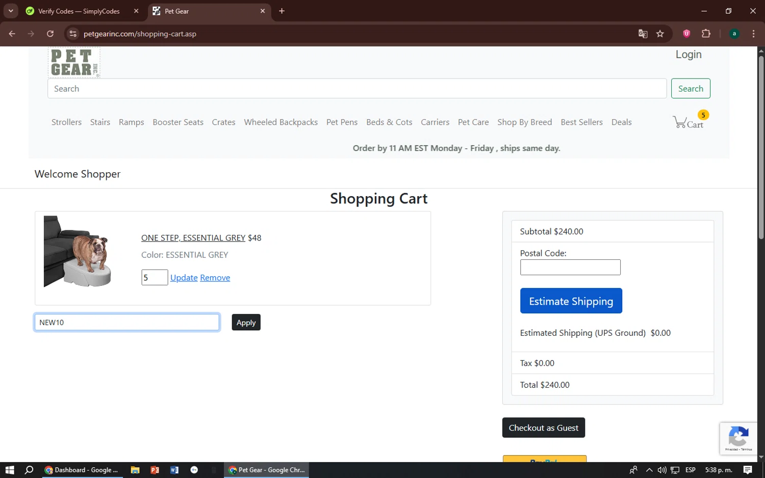 Pet Gear coupon code screenshot showing code NEW10 applied at Pet Gear checkout page. Uploaded by SimplyCodes community member zizu55 on Jul 10, 2025