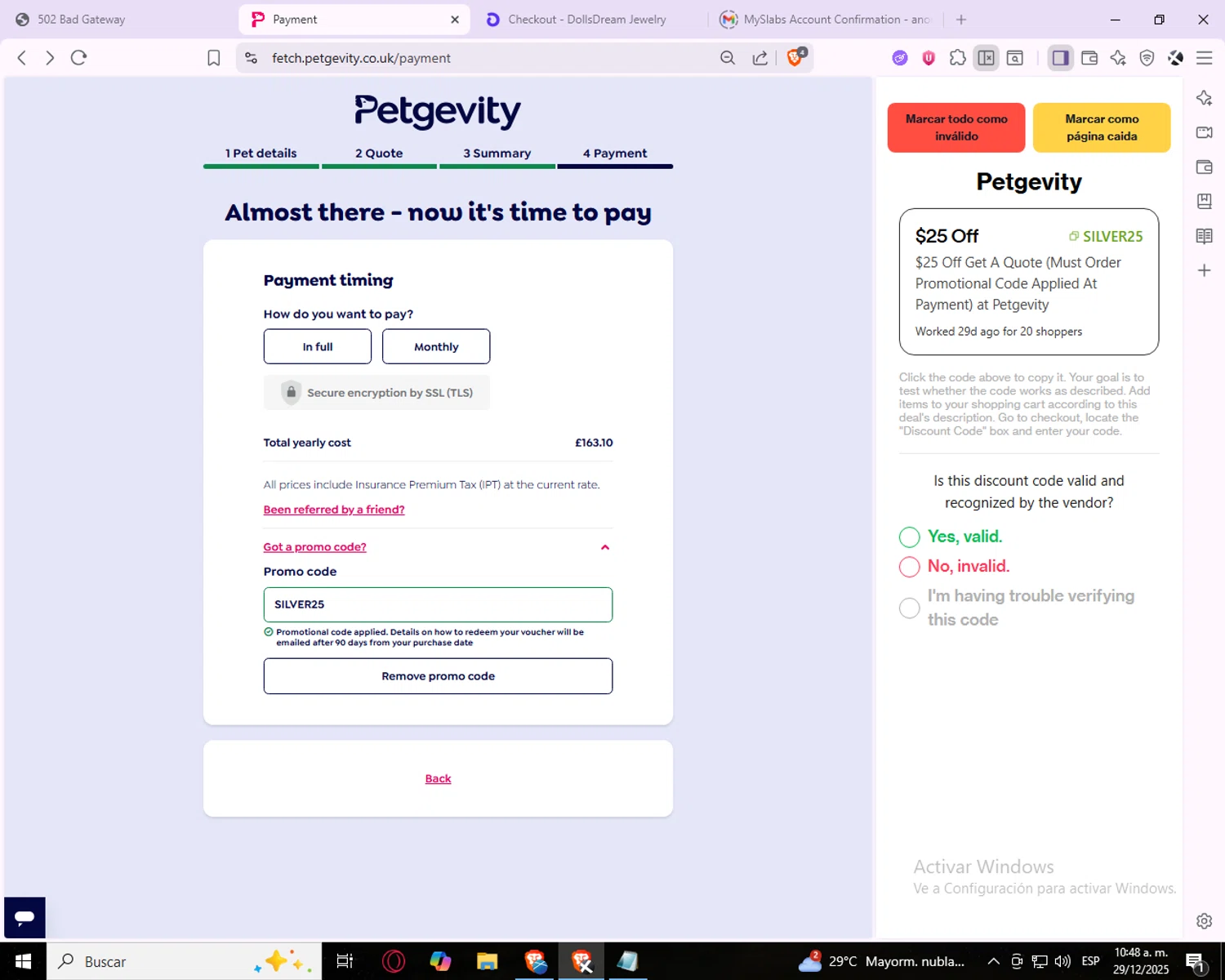 Petgevity promo code screenshot showing code SILVER25 applied at Petgevity checkout page. Uploaded by SimplyCodes community member Gengar on Dec 29, 2025