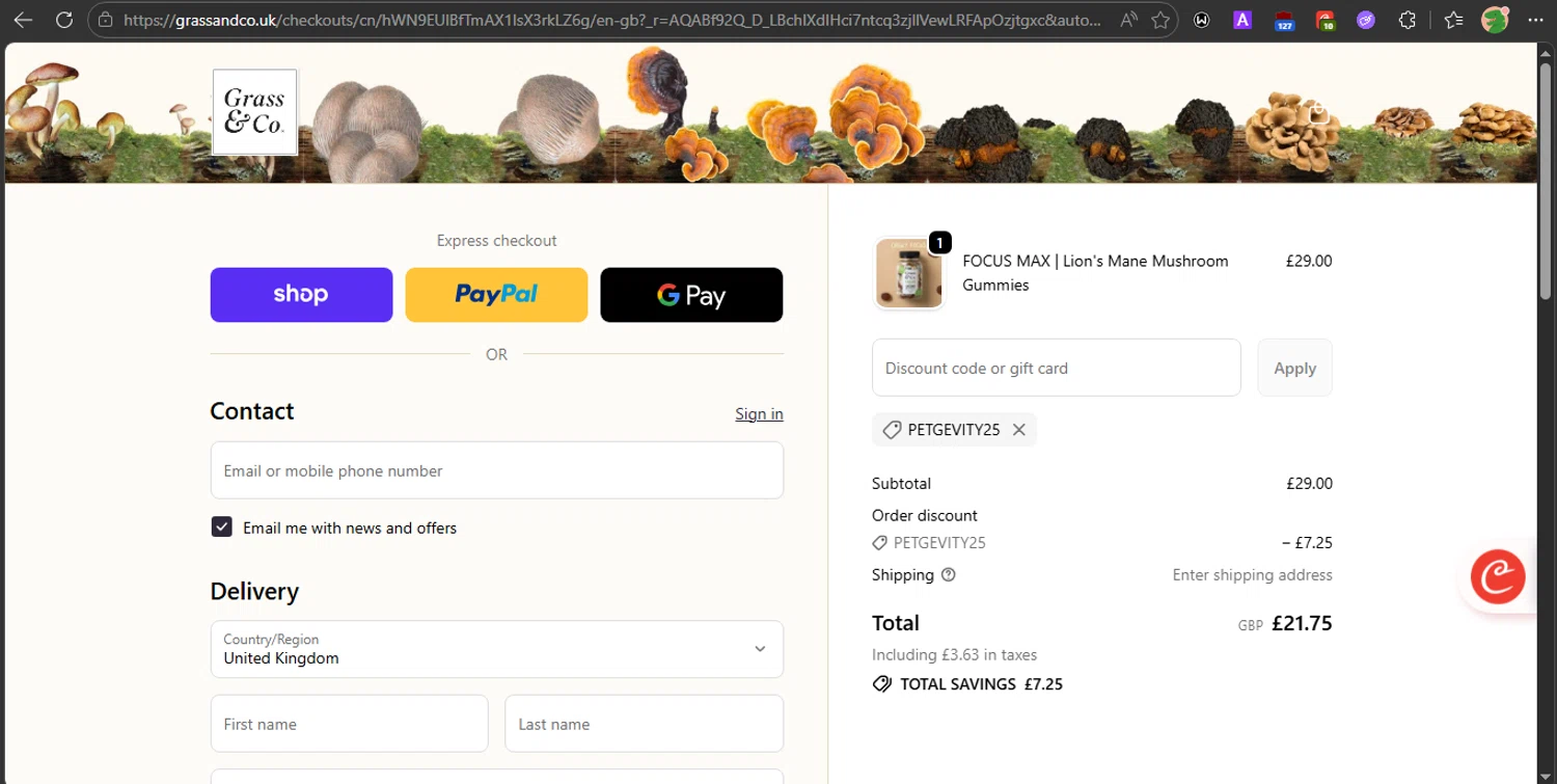 Petgevity promo code screenshot showing code PETGEVITY25 applied at Petgevity checkout page. Uploaded by SimplyCodes community member PrincessCoupon on Feb 26, 2026