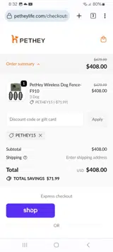 PetHey15 coupon verification screenshot