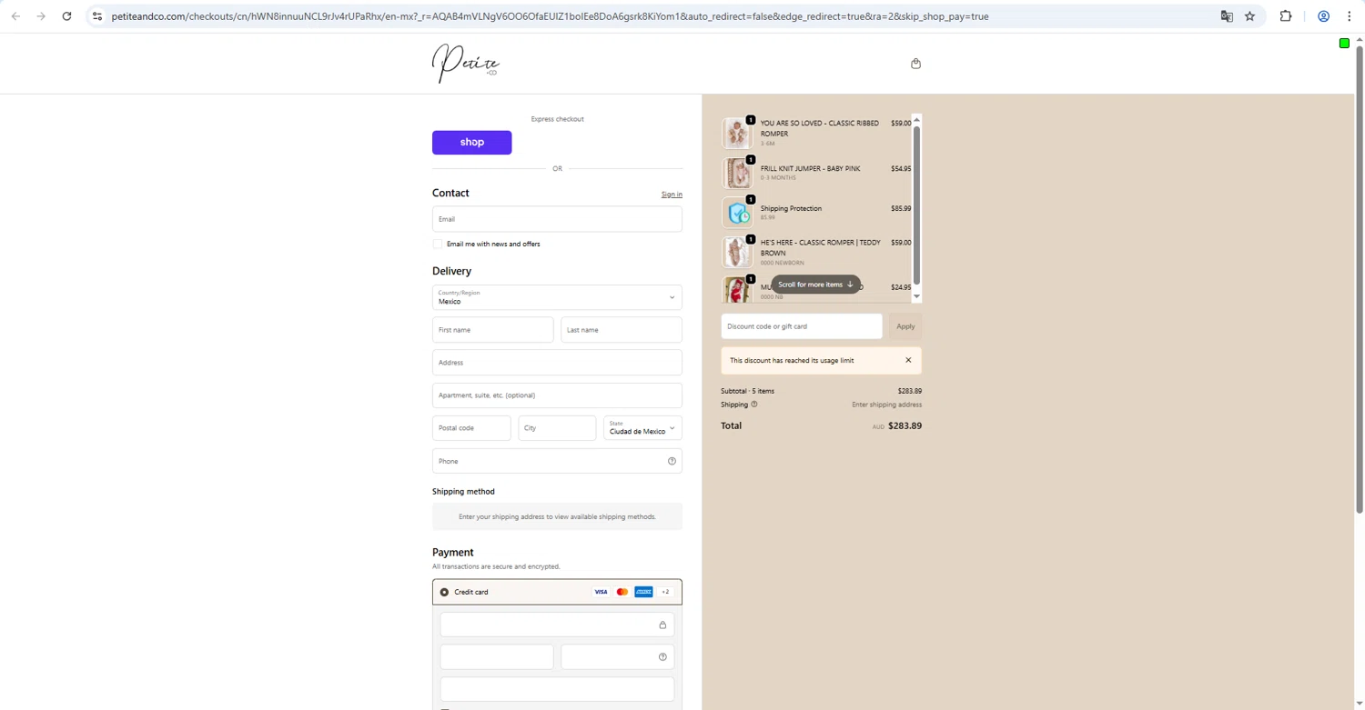 Petite Co au promo code screenshot showing code KHBJK3FJ applied at Petite Co au checkout page. Uploaded by SimplyCodes community member RINITOSHI on Feb 13, 2026