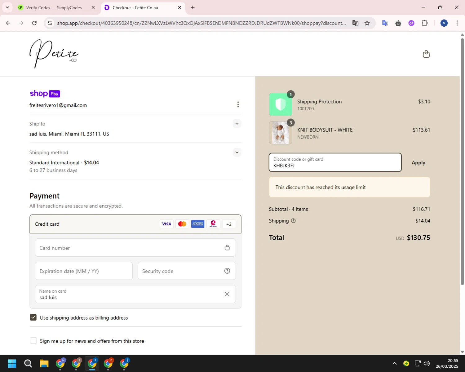 Petite Co au promo code screenshot showing code KHBJK3FJ applied at Petite Co au checkout page. Uploaded by SimplyCodes community member ExtraordinarySleuth4345 on Mar 27, 2025