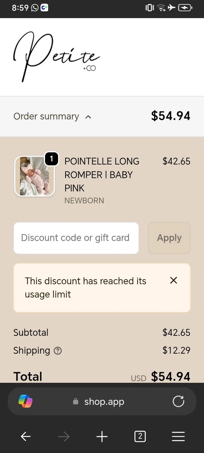 Petite Co au promo code screenshot showing code KHBJK3FJ applied at Petite Co au checkout page. Uploaded by SimplyCodes community member Xx_Cogeburras3000_xX on Feb 13, 2026