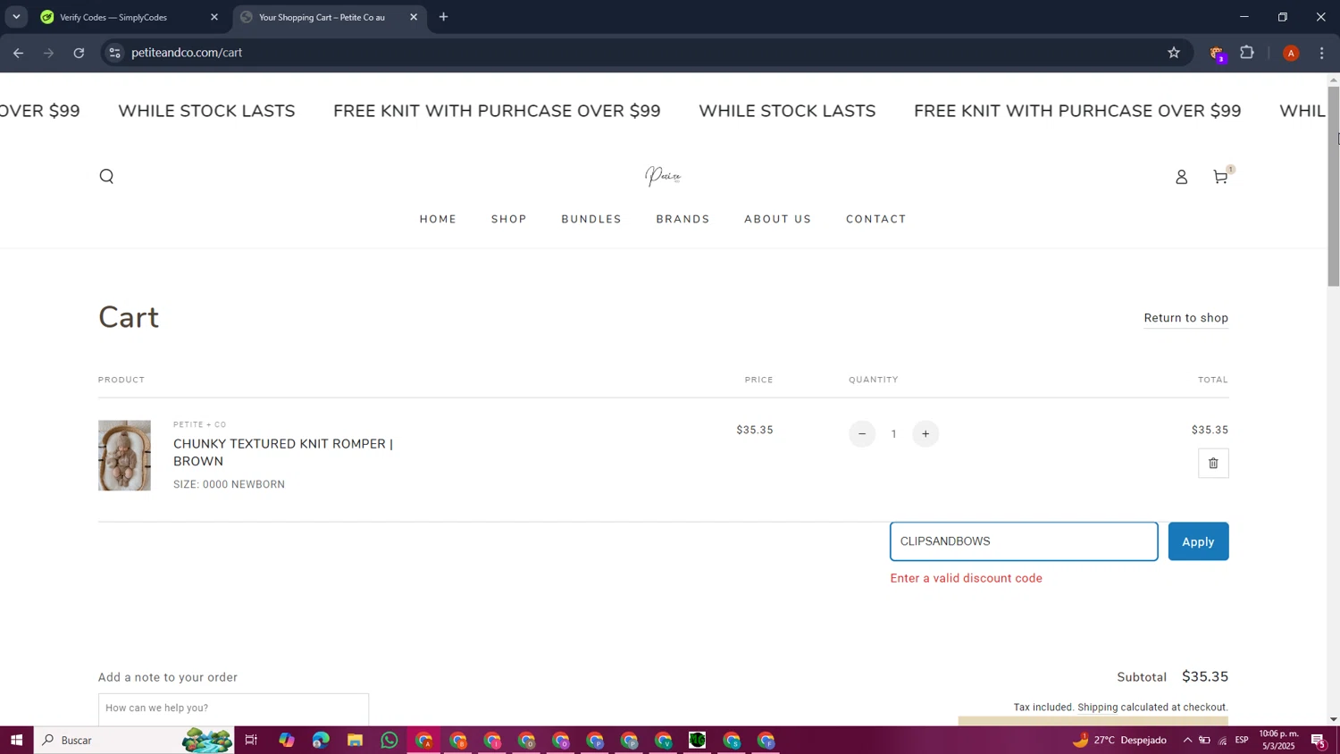 Petite Co au promo code screenshot showing code CLIPSANDBOWS applied at Petite Co au checkout page. Uploaded by SimplyCodes community member AlvaroCG on Mar 6, 2025