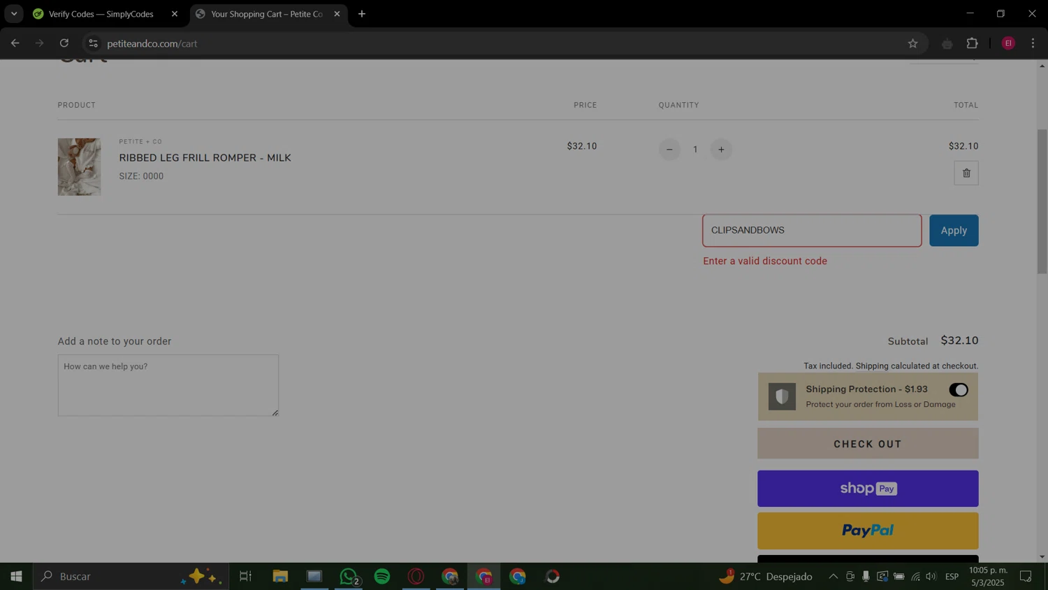 Petite Co au promo code screenshot showing code CLIPSANDBOWS applied at Petite Co au checkout page. Uploaded by SimplyCodes community member TheWeeknd on Mar 6, 2025