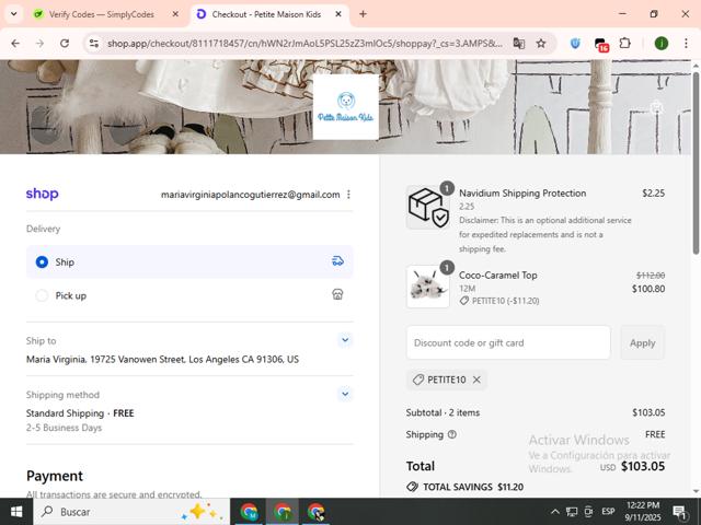 Petite Maison Kids checkout page showing Petite Maison Kids promo code box | Screenshot taken by SimplyCodes community member on Sep 11, 2025