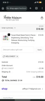WELCOME97 coupon verification screenshot
