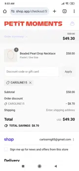 CAROLINE15 coupon verification screenshot