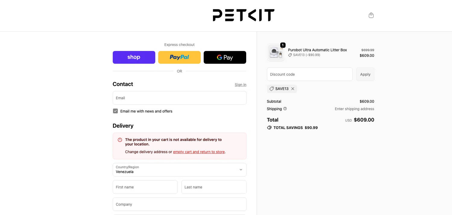 Petkit promo code screenshot showing code SAVE13 applied at Petkit checkout page. Uploaded by SimplyCodes community member ELOIN777 on Apr 7, 2026