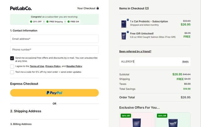 Petlab Co. checkout page showing Petlab Co. discount code box | Screenshot taken by SimplyCodes community member on Aug 10, 2025