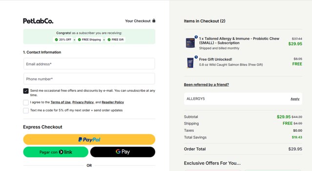 Petlab Co. checkout page showing Petlab Co. discount code box | Screenshot taken by SimplyCodes community member on Aug 10, 2025